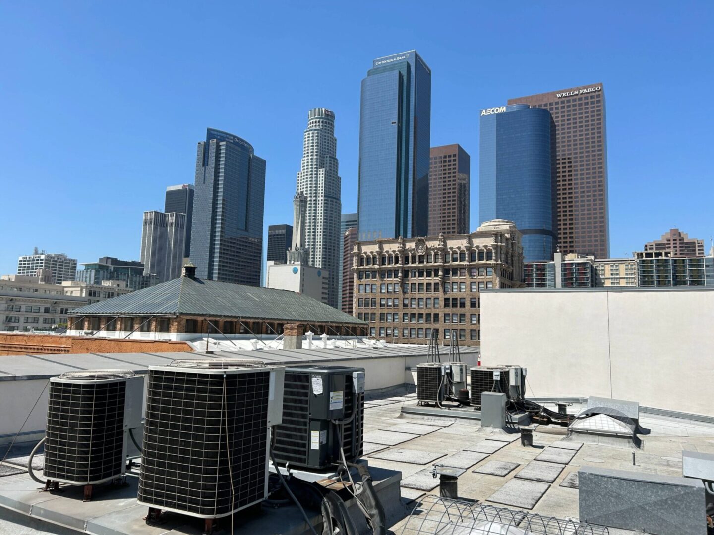 Urban skyline with air conditioning units